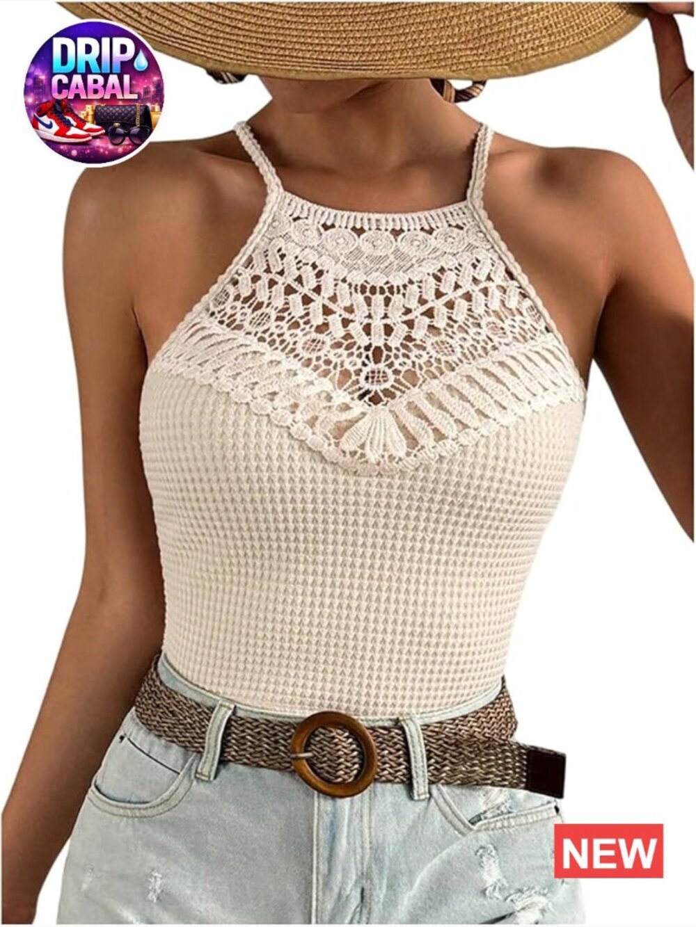 Crochet Hollow Out Halter Crop Top Lace Waffle Knit Tie Back Sleeveless Summer